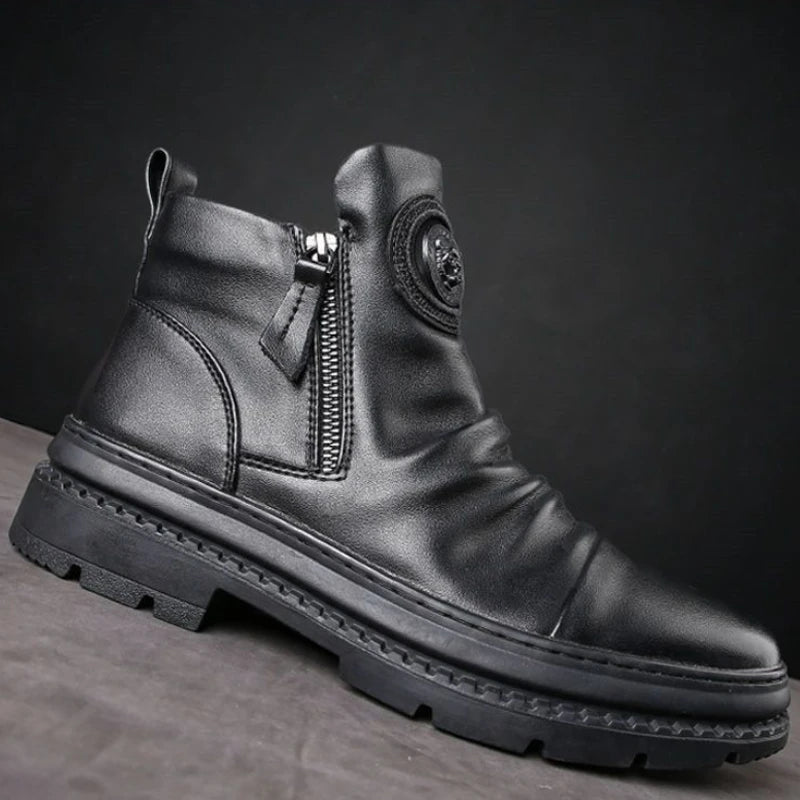Men's Motorcycle Leather Boots British Style Round Head High Top Shoes Side Zip Walking Casual Platform Boots Bota Masculina