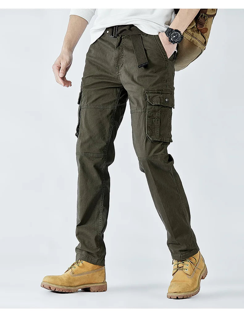 2026 Men's Cargo Pants Straight Leg Cotton Stretch Tactical Trouser Male Military Outdoor Camping Fishing Casual Work Wear Khaki