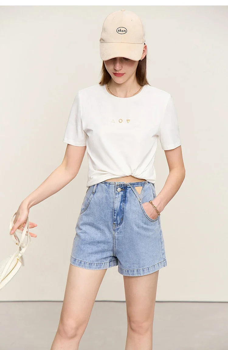 Minimalist T-shirt Women's Tops O-neck Short Sleeves Geometric Decoration Antibacterial Cotton Elastic Casual Tees 12521088