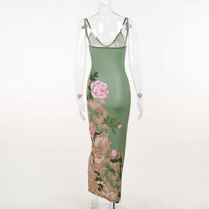 Floral Print Summer Green Dress Womens Fashion Casual Sleeveless V-neck Backless Tunics Bodycon Holiday Beach Dresses Streetwear