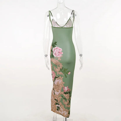 Floral Print Summer Green Dress Womens Fashion Casual Sleeveless V-neck Backless Tunics Bodycon Holiday Beach Dresses Streetwear