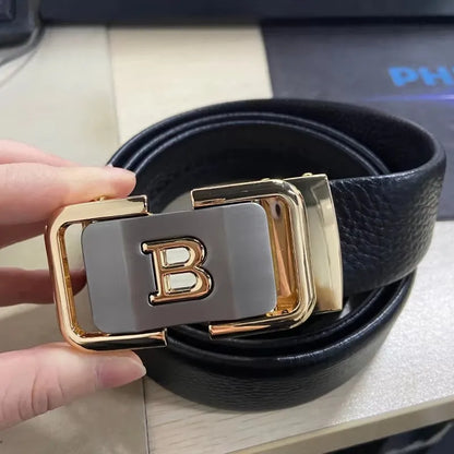 2025 New High Quality Fashion Black B Letter Belt Men's Automatic Buckle 3.5cm Wide Leather Casual Belt Croskin Ceinture Homme