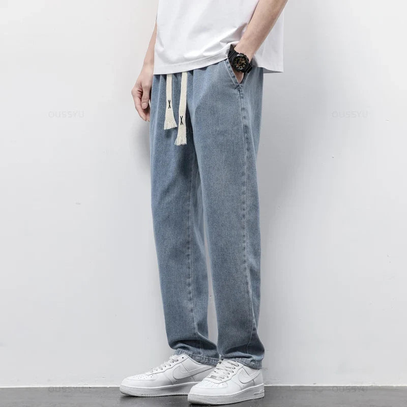 High Quality Fully Elastic Waist Men's Jeans Cotton Soft Drawstring Straight Pants Korea Casual Trousers Male Plus Size S-5XL