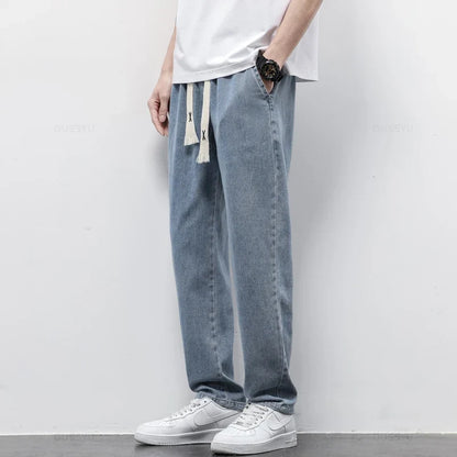 High Quality Fully Elastic Waist Men's Jeans Cotton Soft Drawstring Straight Pants Korea Casual Trousers Male Plus Size S-5XL