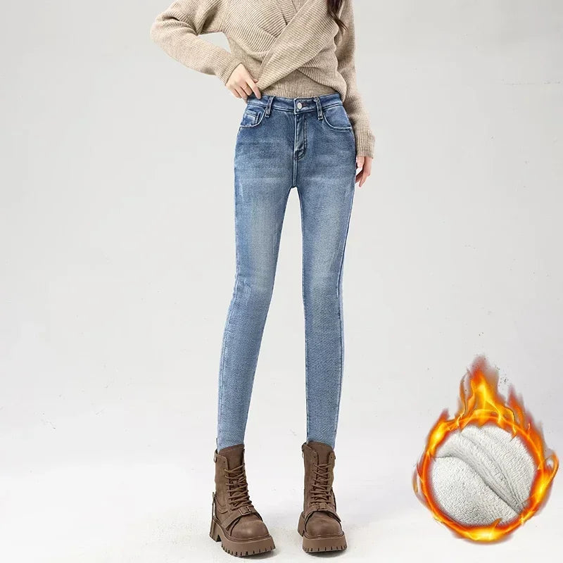 Women's Fleece Warm Winter Jeans Thicken Elastic Skinny Pencil Pants Fashion Korean Slim Plush Thermal Leggings Trousers