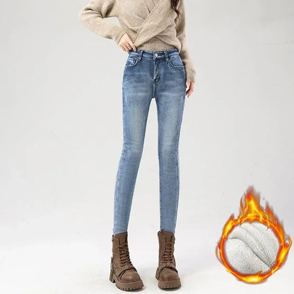 Women's Fleece Warm Winter Jeans Thicken Elastic Skinny Pencil Pants Fashion Korean Slim Plush Thermal Leggings Trousers