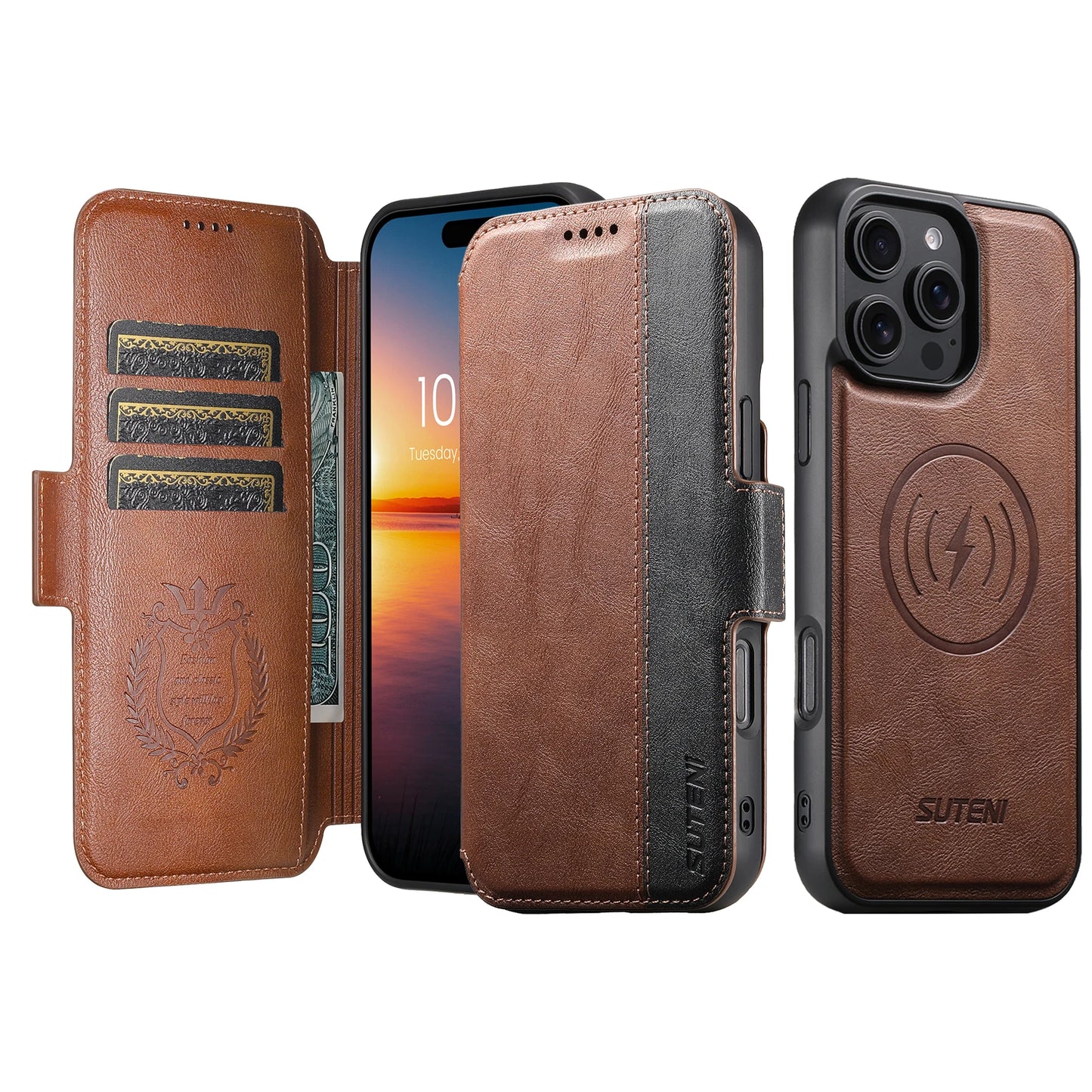 Faux Leather Wireless Charging Card Holder Stand Wallet Magnetic Flip Cover Phone Case For iPhone 16 Pro Max 15 Plus 14