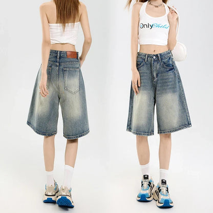 2026 Korean Street Casual Y2K Loose Wide-leg Denim Shorts Five-point Baggy Jeans Women's All-match Straight Summer Hot Shorts