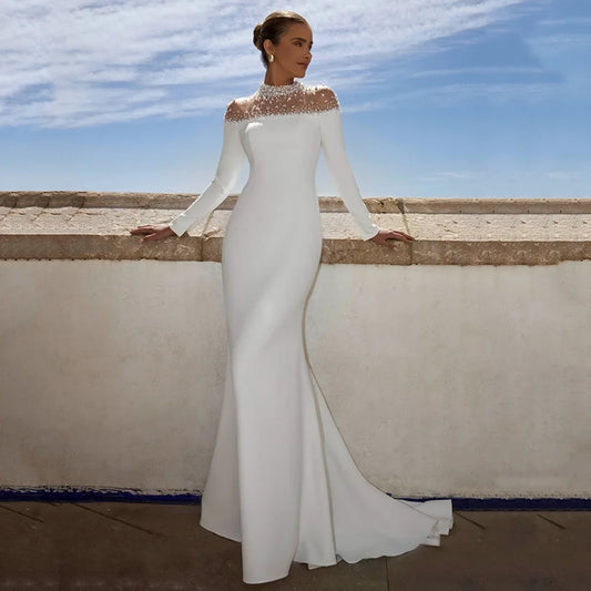 Mermaid Wedding Dress Arabian Bridal Gown Customized Long Sleeves High Neck Pearls Sweep Train Saud Arab Bride Dresses for Woman