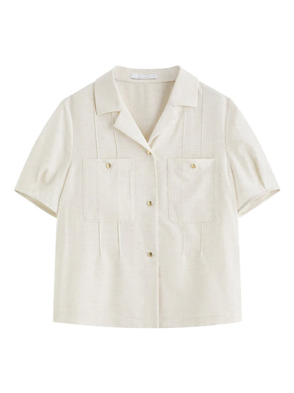 Minimalism Style Linen Short-sleeved Shirt For Women Summer 2025 New Arrival Simple Retro Suit Collar Shirt 25FS12511