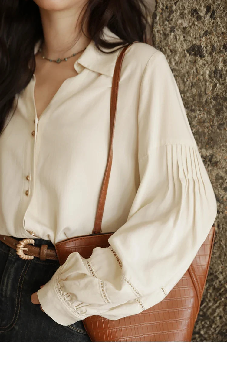Women's Shirt Lantern Sleeve Hollow Out Tops 2025 Autumn Single Breasted Solid Shirts Lapel Shirt Office Lady MXE41C2359