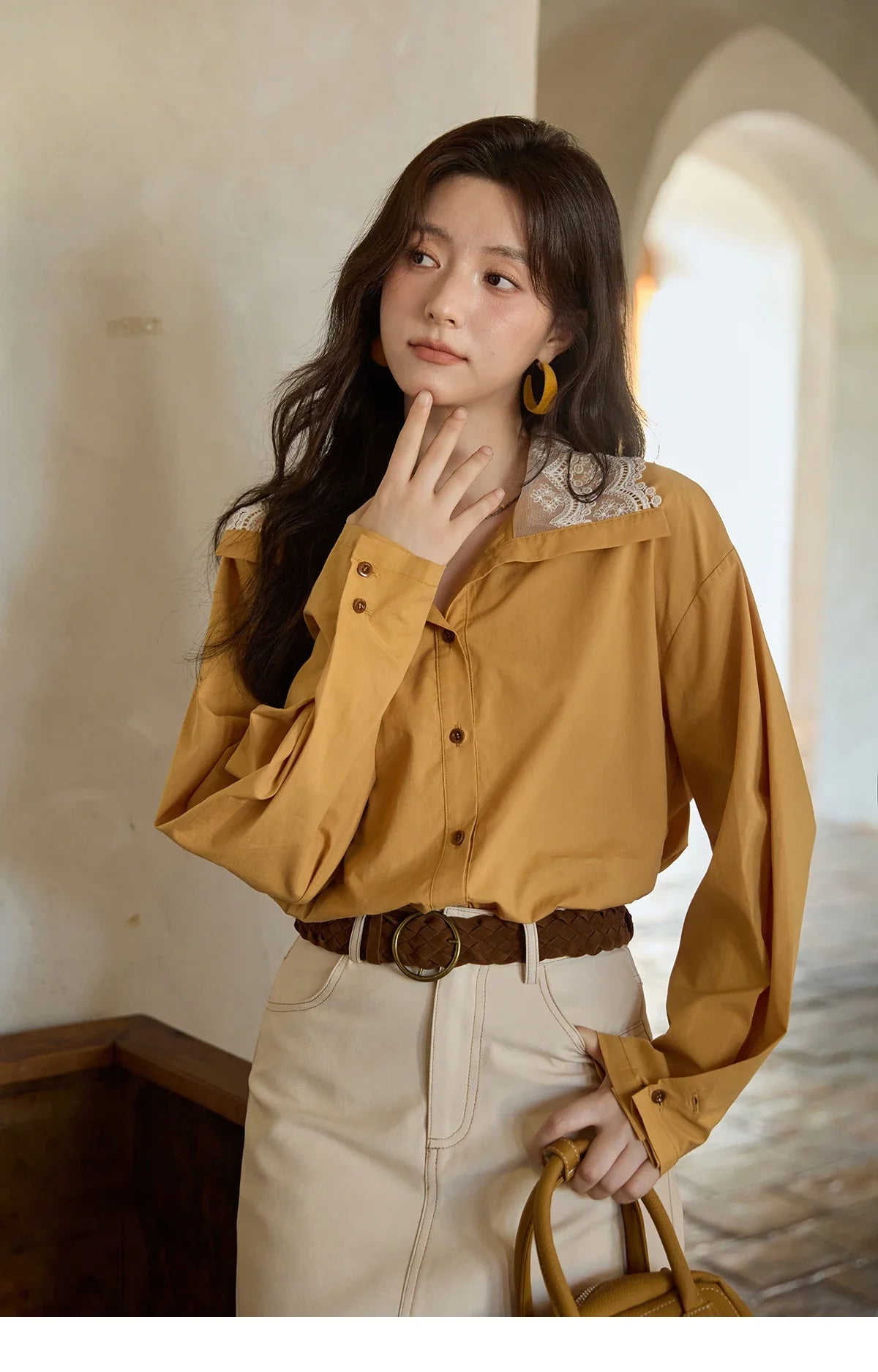 Autumn Solid Cotton Shirt Autumn V-neck Double-layer Lace Retro Design Shirts Single Breasted Tops Office Lady MXE41C2366