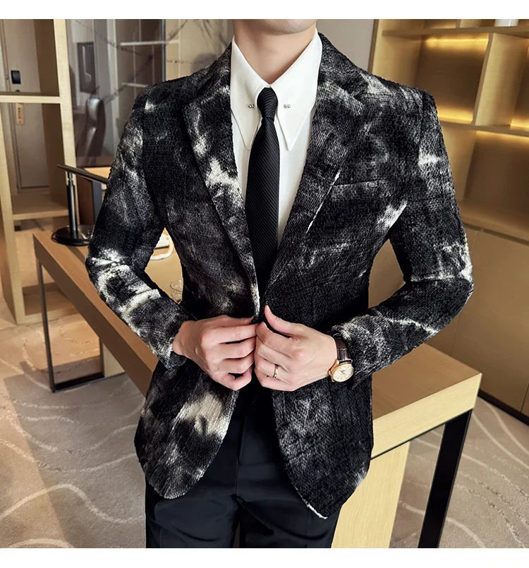 High QualityTie Dye Chenille Men Fashion Casual Suit Jacket Autumn Winter New Korean Slim Fit Social Wedding Suit Blazer