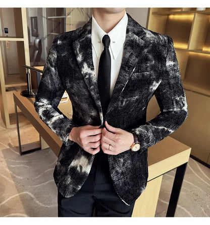 High QualityTie Dye Chenille Men Fashion Casual Suit Jacket Autumn Winter New Korean Slim Fit Social Wedding Suit Blazer