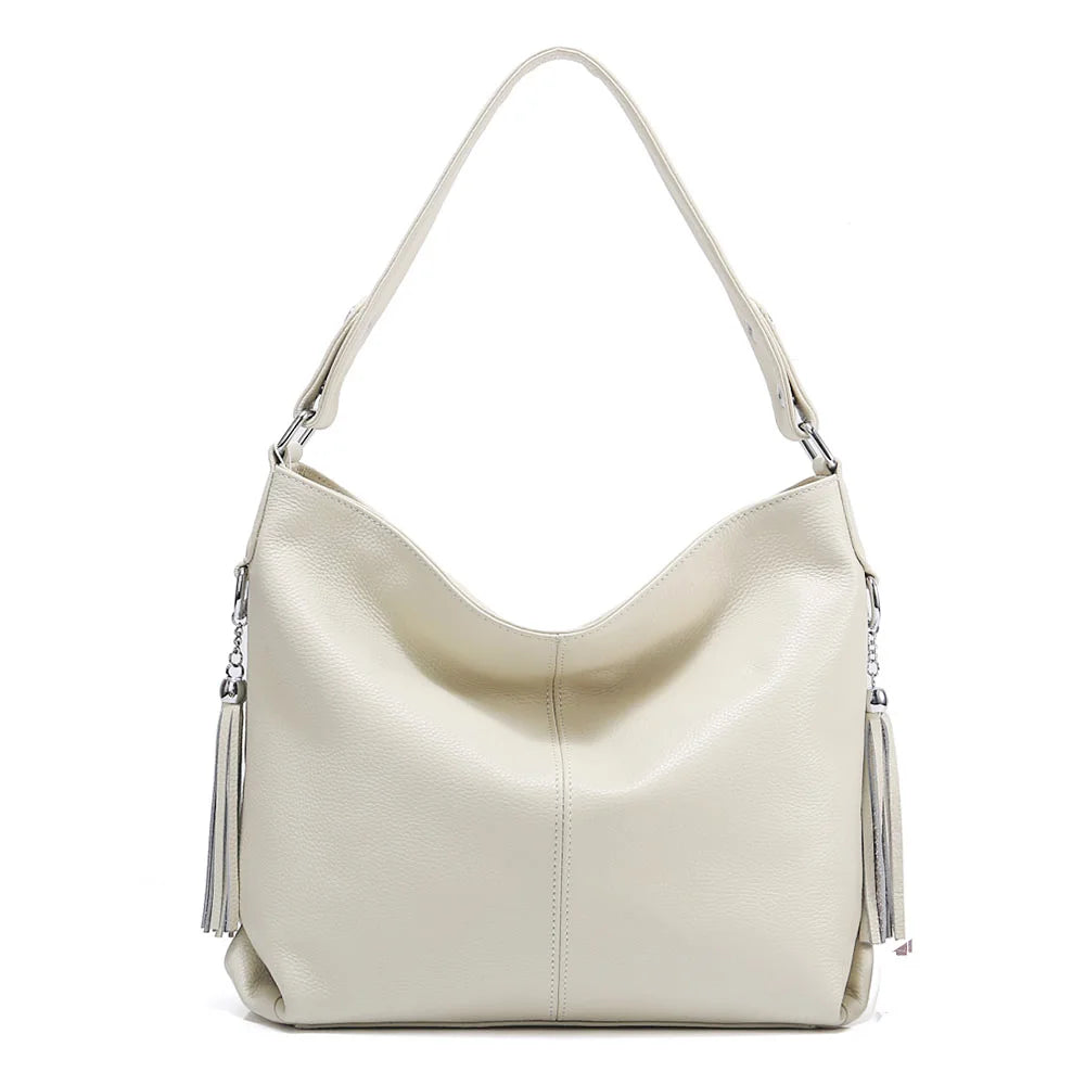 Elegant Beige Women Genuine Leather Handbag Hobo Bag Fashion Crossbody Tassel Big Capacity Shopper Tote Purse Sac Hot Sale