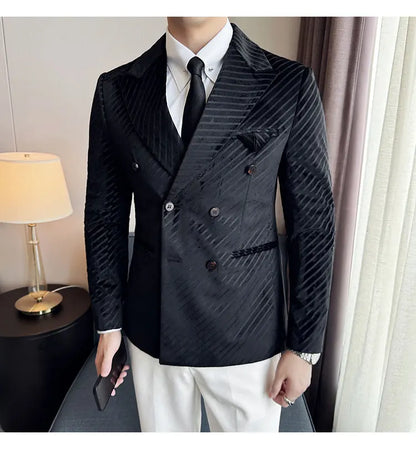 Autumn Winter New Velvet Suit Jacket Men Double-Breasted Striped Slim Fit Casual Coats High Quality Formal Business Tailcoat
