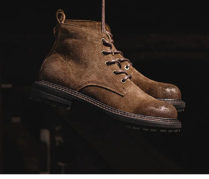 Maden Retro Fleece-lined Split Suede Boots High-Top Work Boots Lace-Up Desert Ankle Rugged Sole Boots Outdoor Winter Fall Shoes