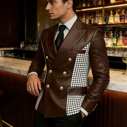 Men’s Brown Leather Blazer With Houndstooth Sides Vintage Two-Tone Double Breasted Slim Fit Gold Buttons Leather Tuxedo Jacket