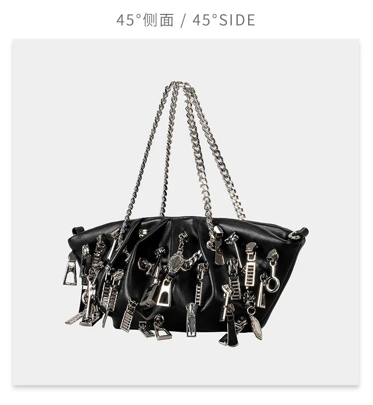 Punk Style Ruched Dumpling Armpit Bag 2025 Multi Zipper Head Decoration Women's Shoulder Bags Spicy Girl Y2K Handbags