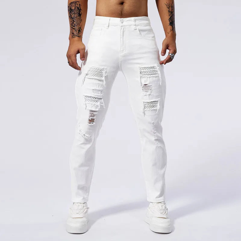 White Jeans Men's Cotton Skinny Elastic Ripped Hole Fashion Korean Denim Pants Rock Slim Trousers Hip-hop Streetwear