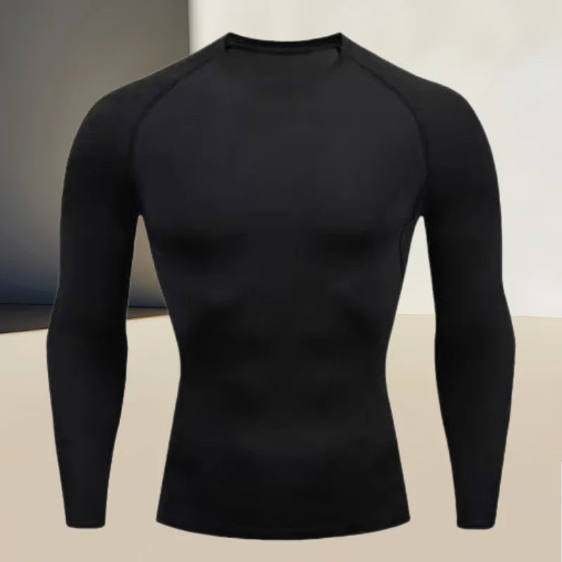 Men's fitness compression shirt with round neck, long sleeved muscle fit, suitable for bodybuilding and physical training