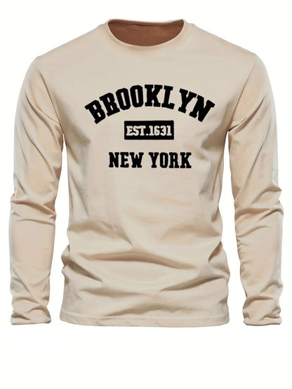 Men's 100% pure cotton loose and comfortable sports and leisure Brooklyn print round neck long sleeved T-shirt top