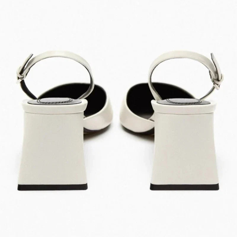 Sexy White Pointed Toe Chunky Heel Pumps Women Luxury Back Strap Buckle Designer Shoe Elegant Commuting Office Shoe Talons Femme
