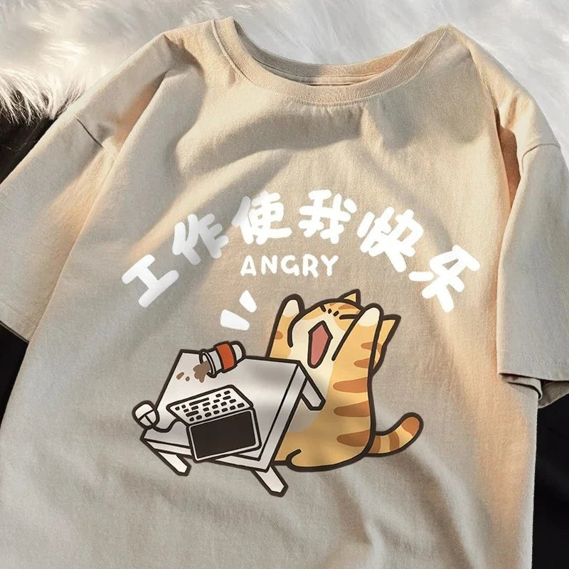 Work Makes Me Happy Fun Cat Printed Japanese Style T-Shirts Women Fashion Breathable Tshirt Casual  Summer Clothes Tops