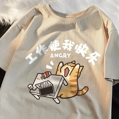 Work Makes Me Happy Fun Cat Printed Japanese Style T-Shirts Women Fashion Breathable Tshirt Casual  Summer Clothes Tops