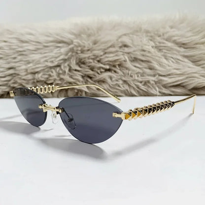 2026 Cat Eye Rivet Rimless Sunglasses Women Luxury Fashion Brand Oval Narrow Sun Glasses Shades Trendy Elegant Unique Eyewear