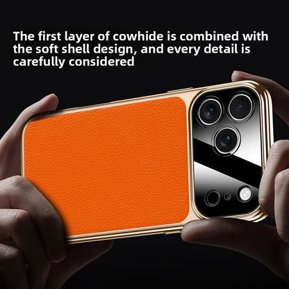 Original Leather Case For iPhone 17 PRO MAX Plating Genuine cowhide Lichee Pattern Lens Protection Shockproof Hard Phone Cover
