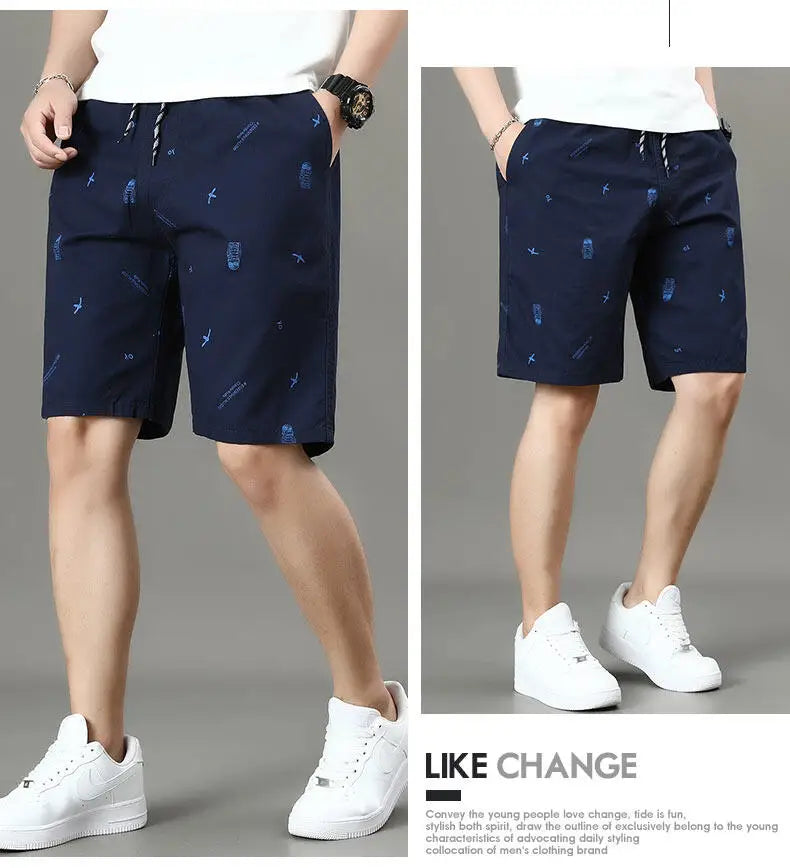 Men's Cotton Shorts Print Casual Shorts Travel Bermuda Shorts Elastic Waist Golf Shorts