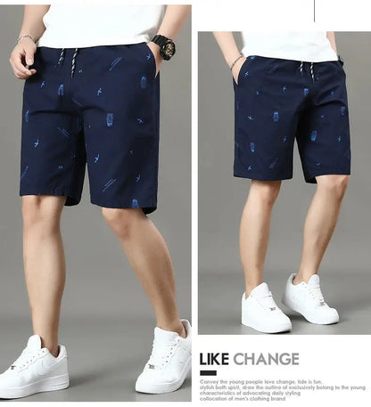 Men's Cotton Shorts Print Casual Shorts Travel Bermuda Shorts Elastic Waist Golf Shorts