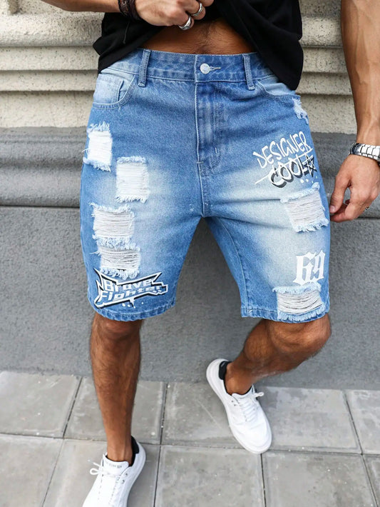 Men's Summer Blue Ripped Printed Denim Shorts. Trendy Ripped Design. Stylish Text Prints.