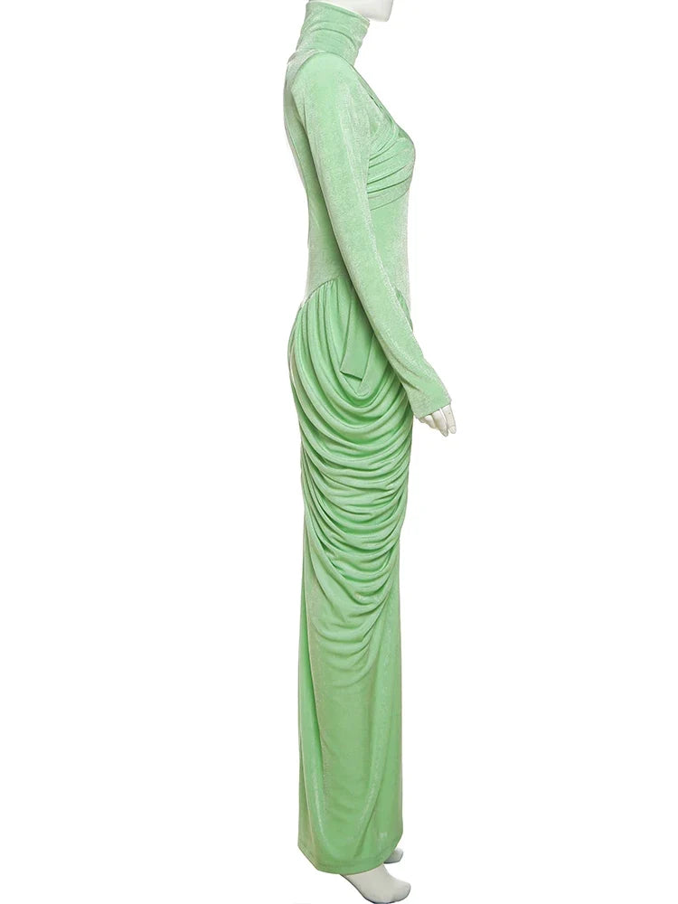 Autumn New Style Maxi Dress Women Turtleneck Full Sleeve Backless Skinny Stretch  Prom Party Ruched Elegant Vestidos
