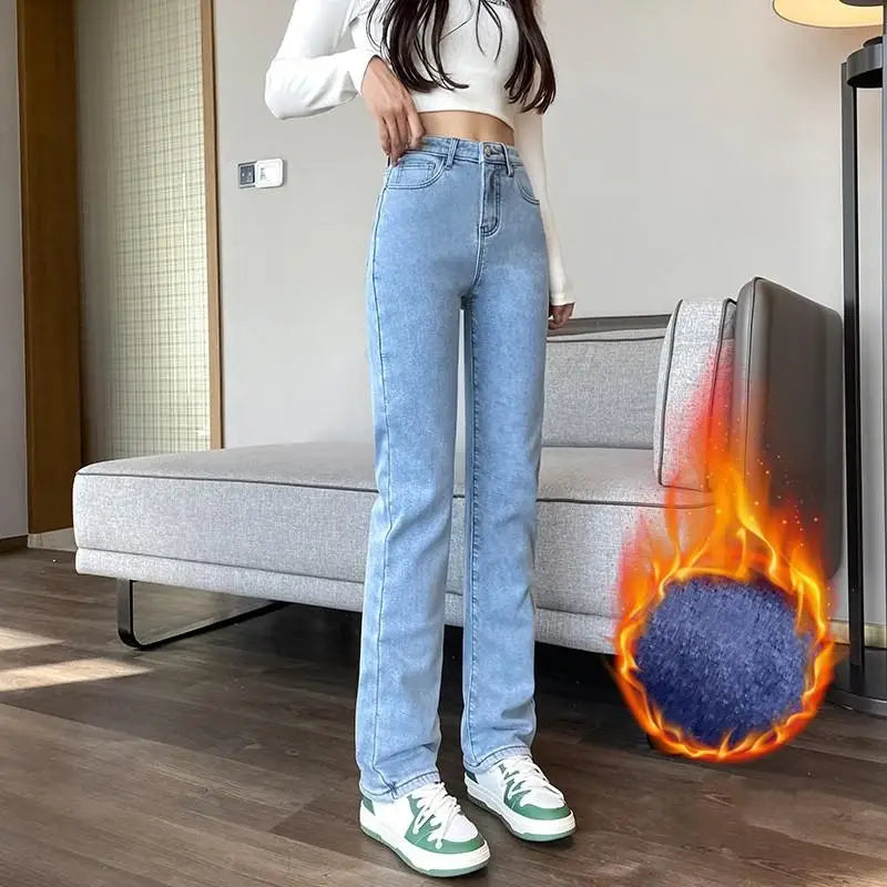 Black 2024 Winter Straight Fleece Jeans Women Casual Vintage Warm Thick Loose High Waist Elastic Velvet Denim Pants
