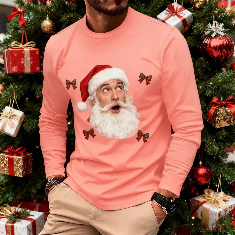 Christmas Autumn Collection Men's Long-Sleeve Hoodie 3D Playful Santa Claus Print Crew Neck Oversized T-Shirt Christmas Costumes