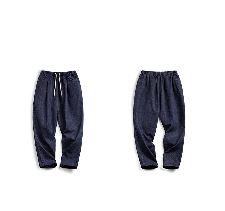 Casual 10oz Jogger Denim Jeans with Elastic Waist Drawstring Washed Straight Trousers for Men's Spring and Autumn Pants
