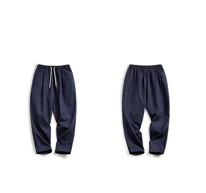 Casual 10oz Jogger Denim Jeans with Elastic Waist Drawstring Washed Straight Trousers for Men's Spring and Autumn Pants