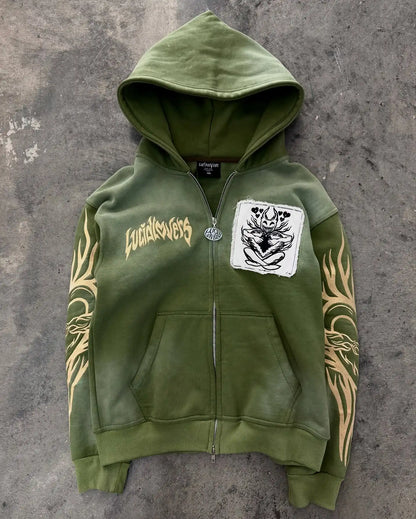 Mountainous Carving Harajuku Hoodie Y2K New Fleece Thickened Got Print Zipper Hoodie Women Street Hip Hop Joker Loose Sweatshirt