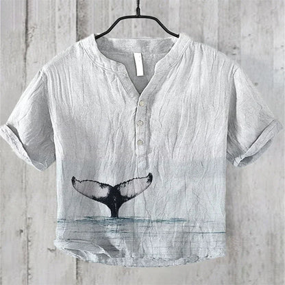 Men's short-sleeved POLO shirt blended linen top Hawaiian vacation great white shark fashion print Comfortable men's clothing