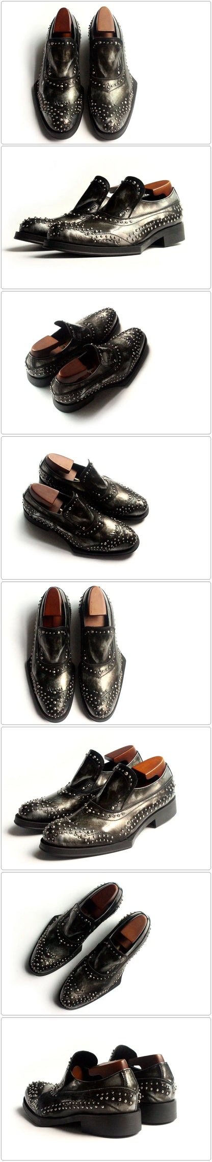 New Shaped Heel Fashion Rivets Leather Shoes Men Handmade Genuine Leather Dress Slip on Loafers Oxfords Office Male Shoes