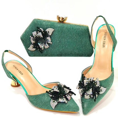 FASHION SHOE Sandals Women 2022 High Heels sexy Green Color Rhinestone Flowers Party Pumps Wedding Shoe and Matching Bag Set