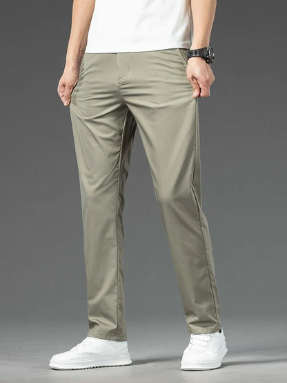 Spring Summer New Men's Casual Pants Thin Mulberry Silk Soft Business Casual Trousers Slim Straight Elastic Suit Pants Male
