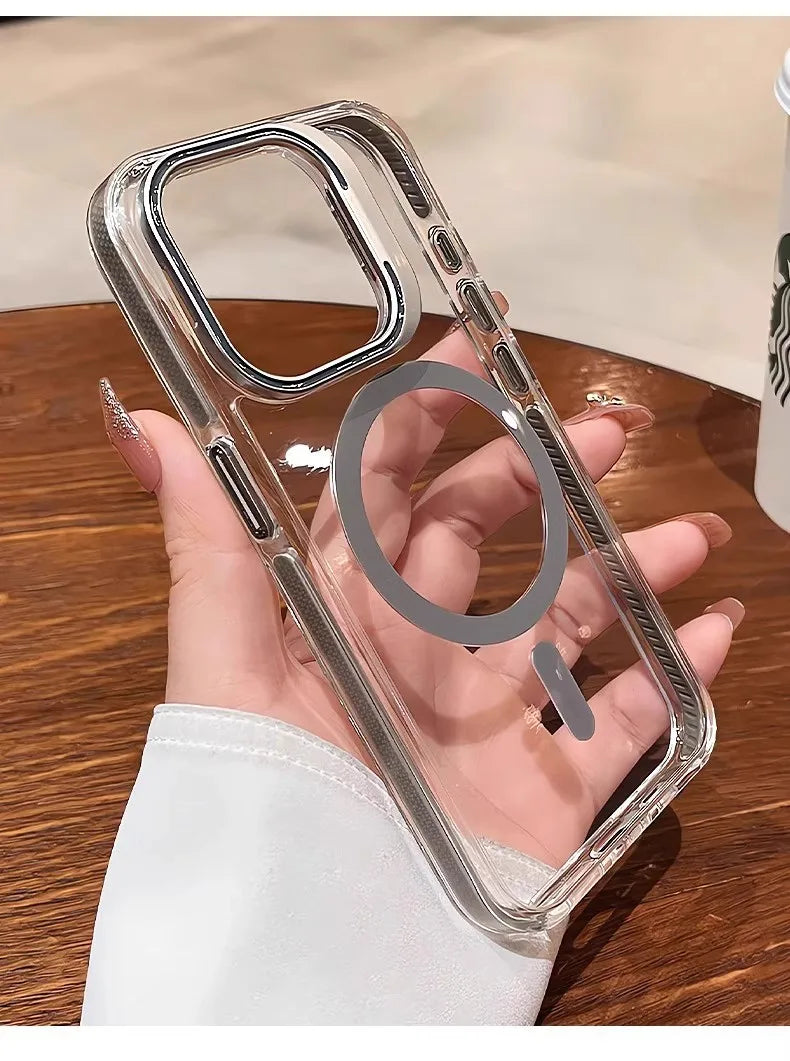 Luxury Lens Holder Shockproof Magnetic Case For iPhone 16 15 14 Plus 13 12 17 Pro Max 17Air 16e Magsafe Fashion Clear Cover