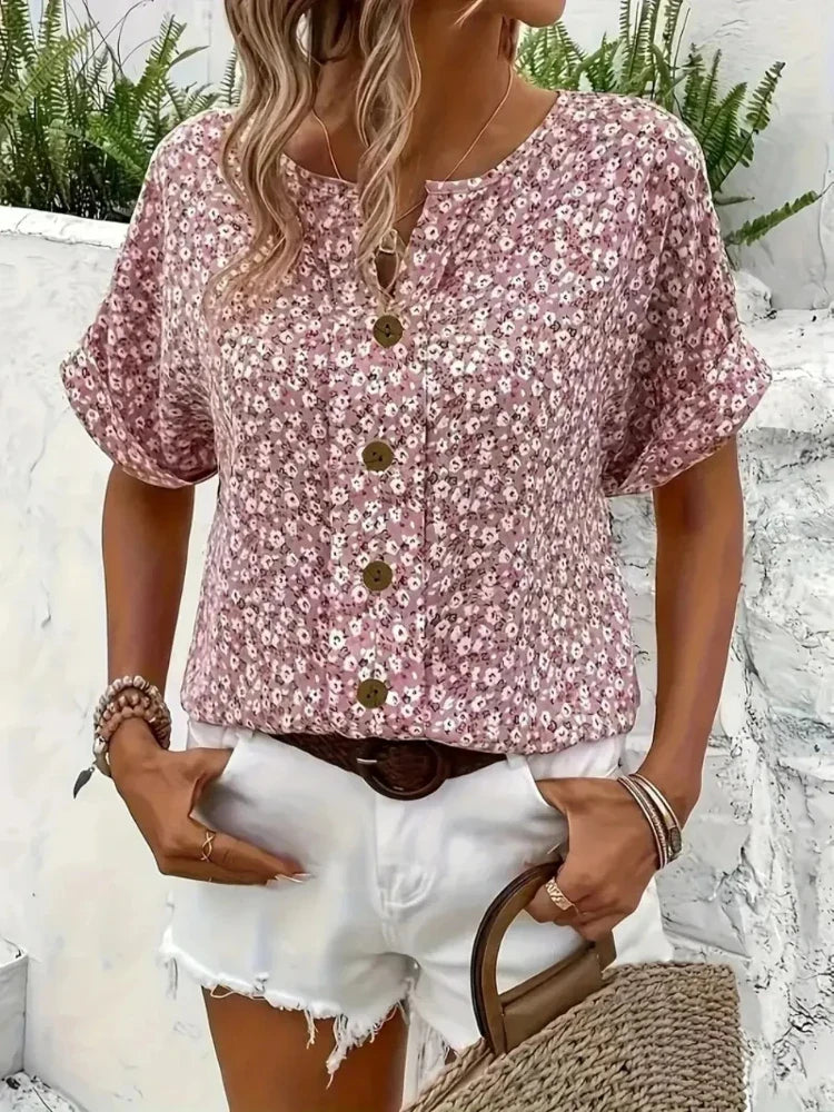 Plus Size Women's Shirts 2025 Spring Summer New Fashion Casual Floral Printing V-Neck Short Sleeve Blouses Korean Style Clothing