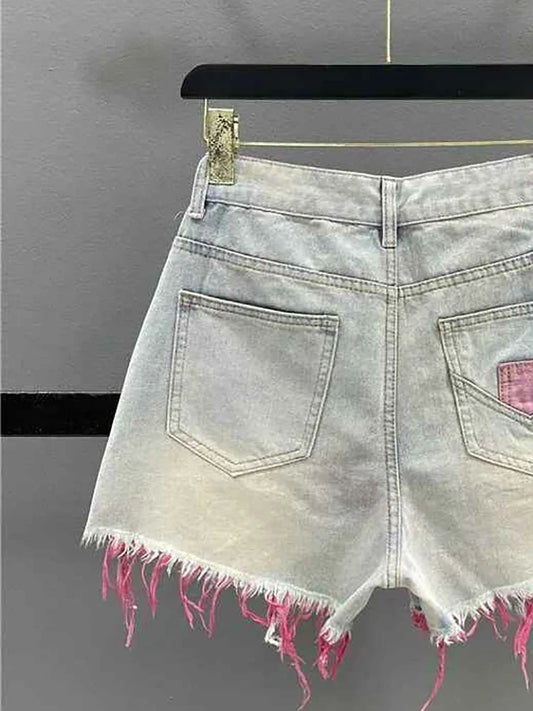 Korean Style Pink Hole Denim Shorts Women Summer New High Waist Raw Edge A-line Hot Girls Shorts Fashion Niche Slim Hot Pants