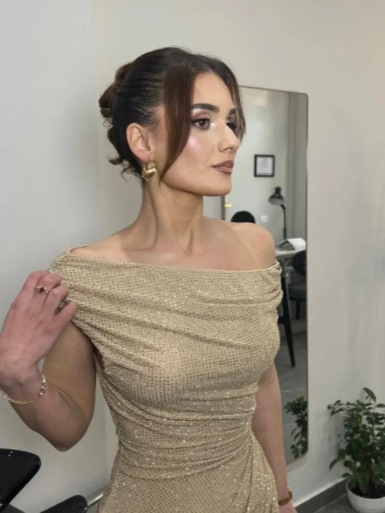 Women's Luxury Nude Sequin Mermaid Prom Dress Off-shoulder Ruched Sparkly Crystals Formal Party Gown Floor-length Evening Dress