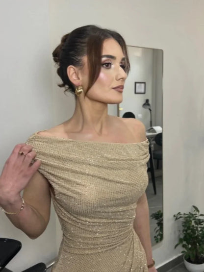 Women's Luxury Nude Sequin Mermaid Prom Dress Off-shoulder Ruched Sparkly Crystals Formal Party Gown Floor-length Evening Dress