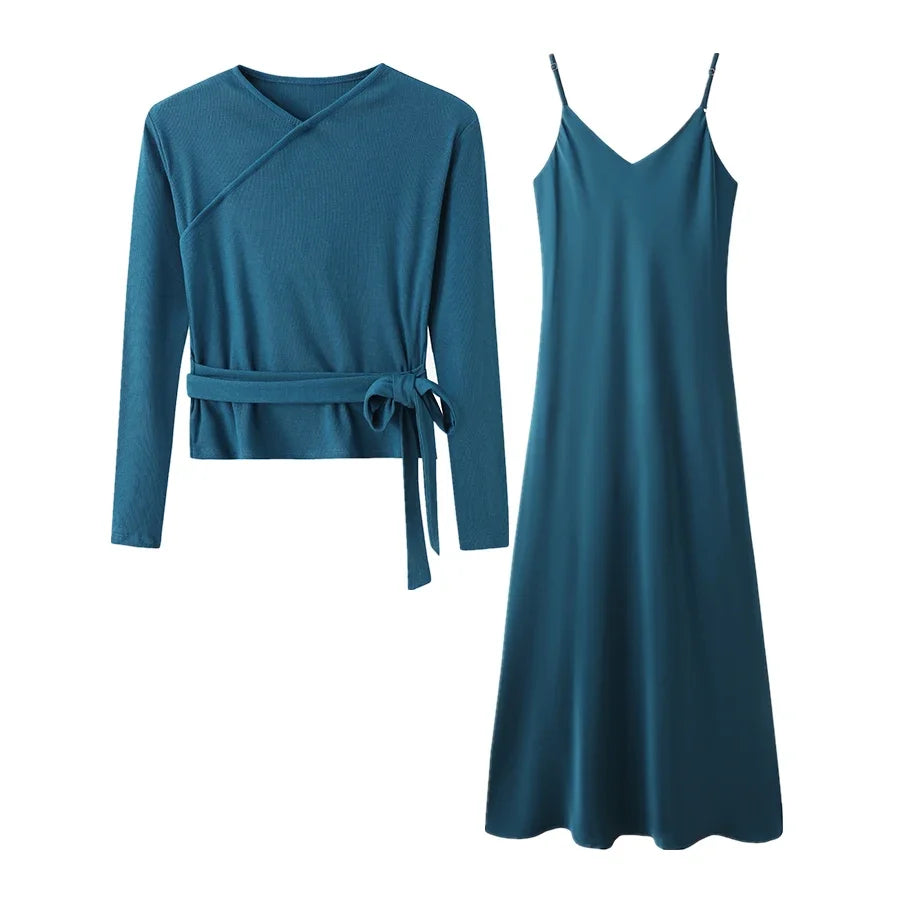 AS 2024 woman clothes thicken ribbing closed-fit wrap tops + Satin Adjustable straps dress (ship out in 1 day)